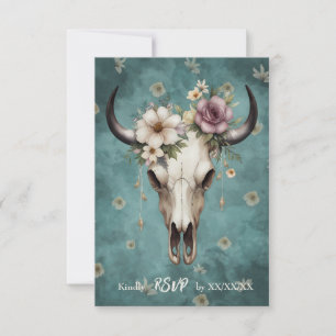 Cartão RSVP Boho Chic Watercolor Vaca Floral Casamento Crânio
