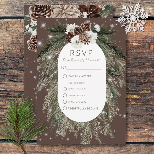 Cartão RSVP Boho Cocoa Pine Winter Sparkasse Três Jantas (Boho Cocoa Pine Winter Sparkle Three Dinner RSVP Card)
