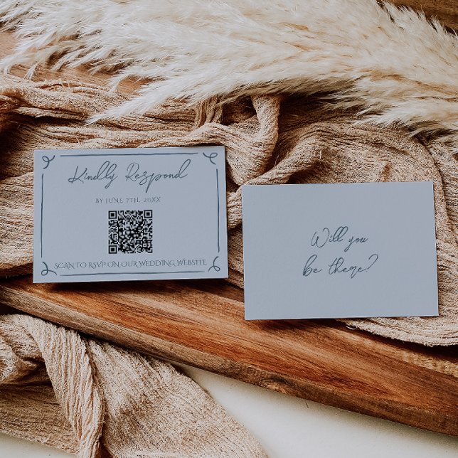 Cartão RSVP Boho Cool Marina Blue Frame QR Code Wedding  (Criador carregado)
