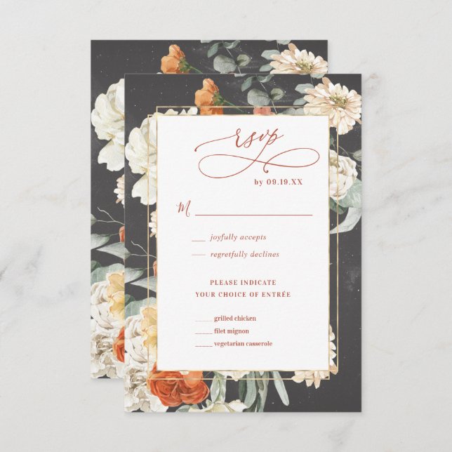 Cartão RSVP Boho Dark Floral | VP de Casamento (Frente/Verso)