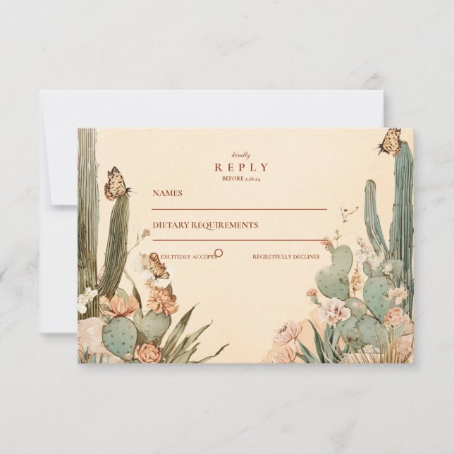 Cartão RSVP Boho Desert Cactus Floral Wedding (Frente)