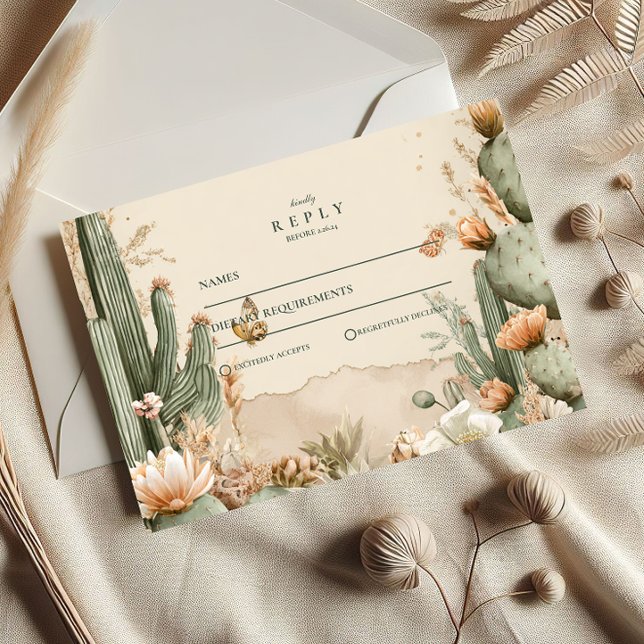 Cartão RSVP Boho Desert Mountain Cactus Wedding (Criador carregado)