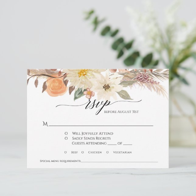 Cartão RSVP BoHO Earthy Autumn Floral Pampas Grass Casamento (Em pé/Frente)