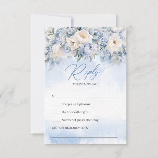 Cartão RSVP Boho Elegante invernais poeirentos, flores azuis e (Frente)