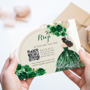 Cartão RSVP Boho Emerald Green Princess Quinceañera QR
