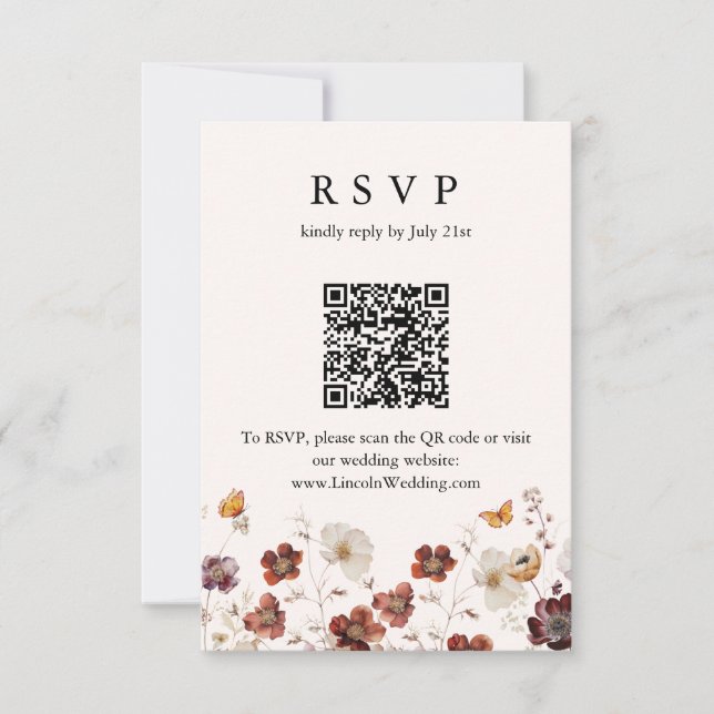 Cartão RSVP Boho Fall Florals Borboleta Casamento QR Código RS (Frente)