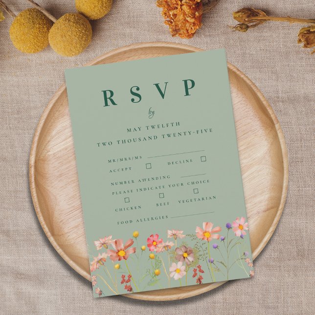 Cartão RSVP Boho Fall Wildflower Meals Casamento (Boho fall wildflower floral wedding RSVP card with meal options and allergy info)