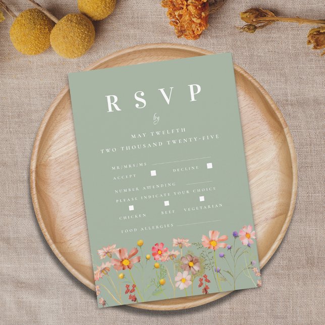 Cartão RSVP Boho Fall Wildflower Meals Casamento (Boho fall wildflower floral sage green wedding RSVP card with meal options and food allergies )