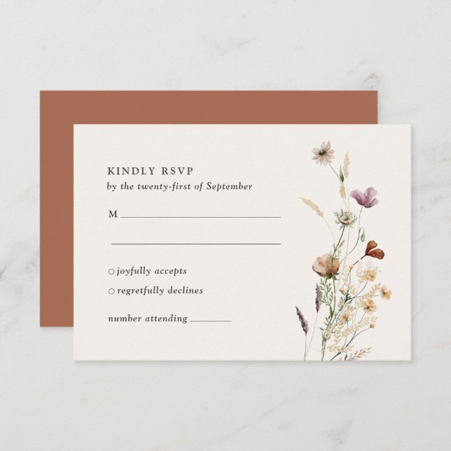 Cartão RSVP Boho Fall Wildflower Wedding (Frente/Verso)
