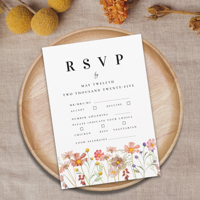 Cartão RSVP Boho Fall Wildflower Wedding Opções de Refeição Fl (Boho rustic Wildflower floral Wedding RSVP card includes Meal choices food allergies)