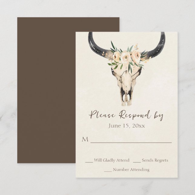 Cartão RSVP Boho Floral Cow Skull Brown e Cream Wedes (Frente/Verso)
