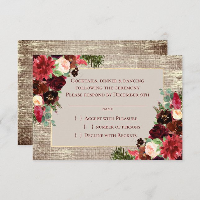 Cartão RSVP Boho Floral Floral Burgundy Dourado Russo de Natal (Frente/Verso)