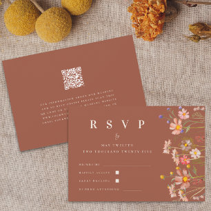 Cartão RSVP Boho Floral Outono Terracota Bege Código Qr Casame