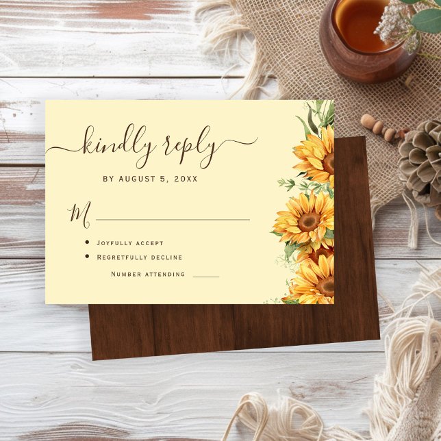 Cartão RSVP Boho floral sunflower barn wood wedding (Criador carregado)