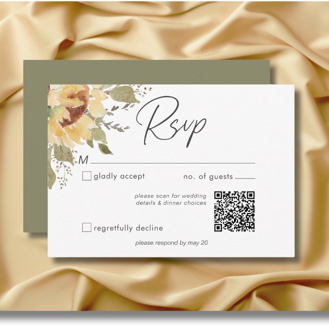 Cartão RSVP Boho Grande Russo Moluco Girassol Código QR de Cas (Soft Rustic Large Boho Sunflowers Wedding QR code RSVP Card)