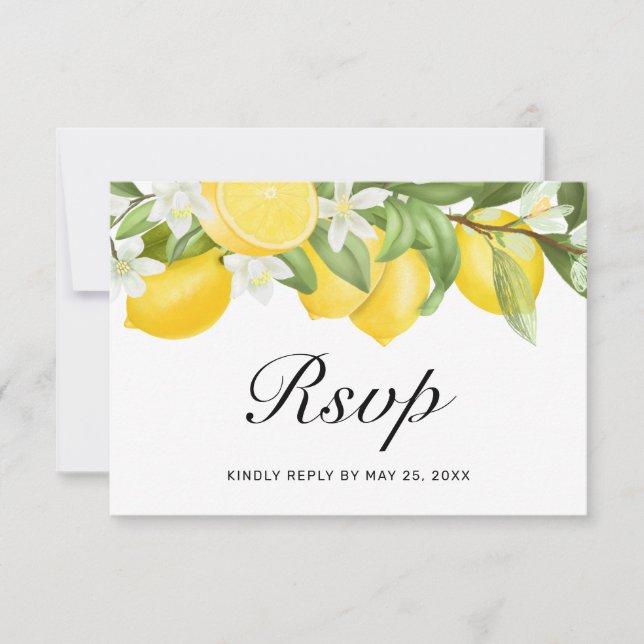 Cartão RSVP Boho Lemons White Floral Greenery Casamento (Frente)