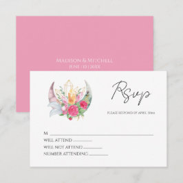 Cartão RSVP Boho Lua Cristais Penas Flores Rosa Casamento 