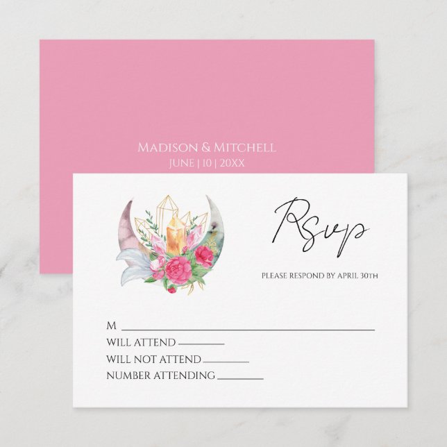 Cartão RSVP Boho Lua Cristais Penas Flores Rosa Casamento  (Frente/Verso)