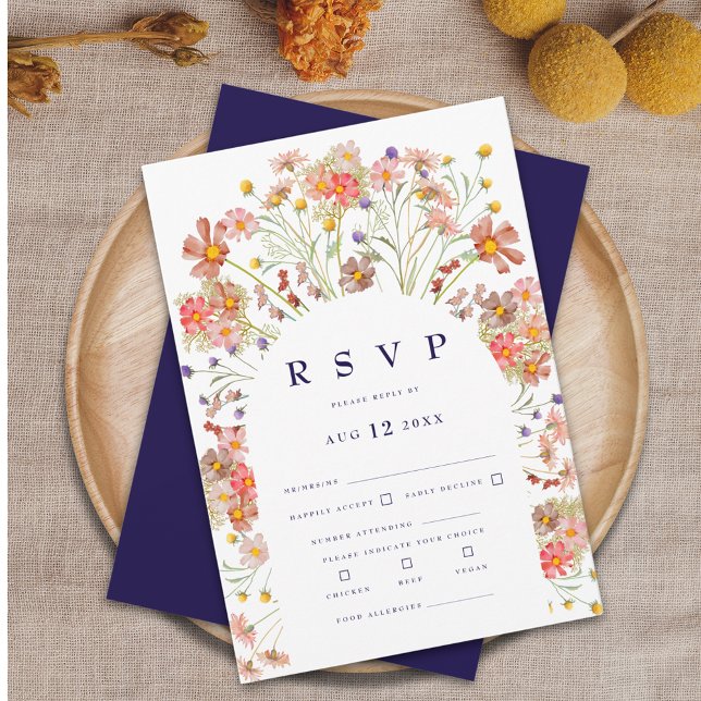 Cartão RSVP Boho Marinho de flor selvagem Casamento azul e bra (Boho fall rustic wildflower floral arch navy blue and white wedding RSVP card Watercolor flowers)