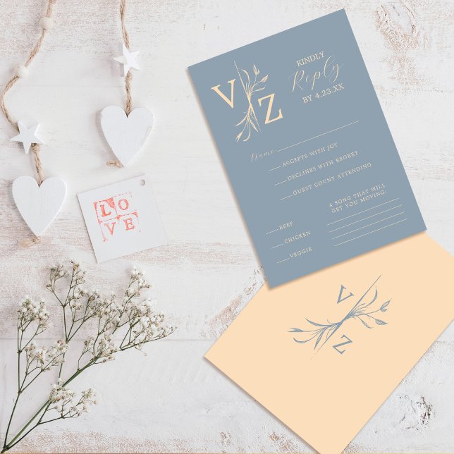 Cartão RSVP Boho Minimal Blue Beige Leaf Monographic Casamento (Criador carregado)