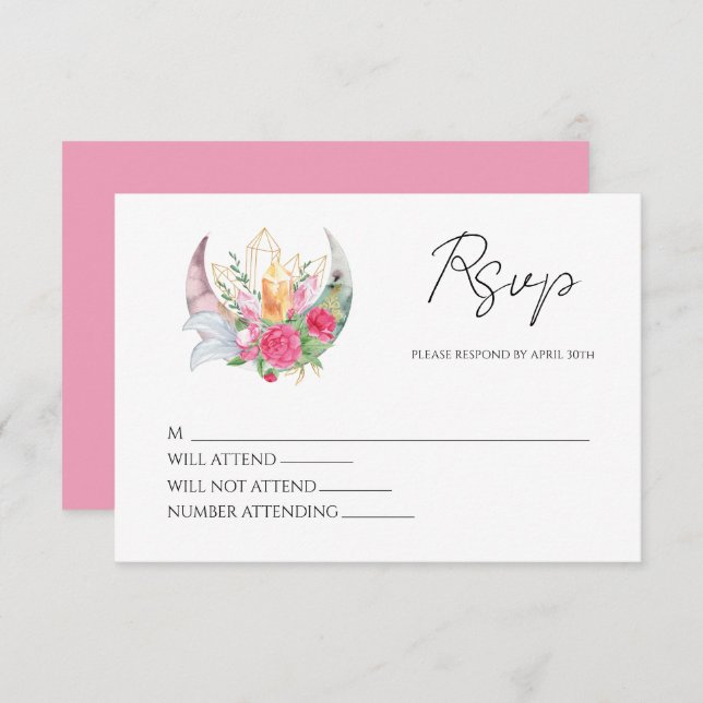Cartão RSVP Boho Moon Crystals Penas Flores Rosa Casamento (Frente/Verso)