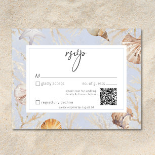 Cartão RSVP Boho Ocean Dusty Blue Na Praia Casamento QR