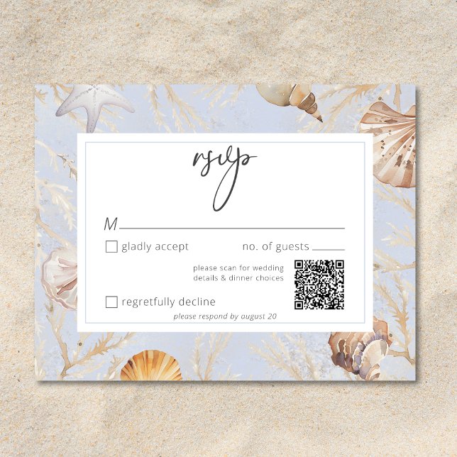 Cartão RSVP Boho Ocean Dusty Blue Na Praia Casamento QR (Boho Ocean Dusty Blue On the Beach Wedding QR RSVP Card)