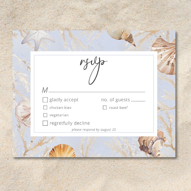 Cartão RSVP Boho Ocean Dusty Blue No Janto de Casamento de Pra (Boho Ocean Dusty Blue On the Beach Wedding Dinner RSVP Card)