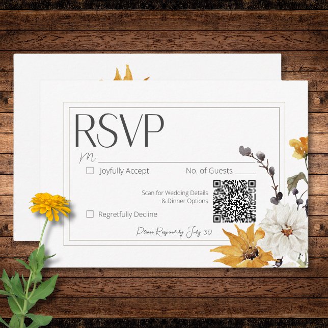 Cartão RSVP Boho Ouro Amarelo Flores de Prados Branco Código Q (Boho Golden Yellow Meadow Flowers White QR Code RSVP Card)