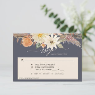 Cartão RSVP Boho Outono Floral Azul Marinho Grama de Pampas Ca