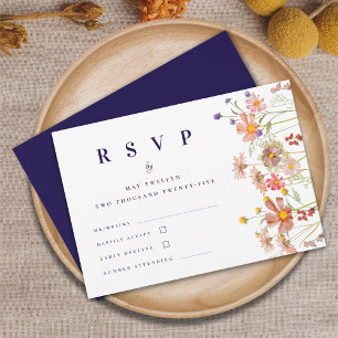 Cartão RSVP Boho Outono Flores Silvestres Casamento Azul Marin