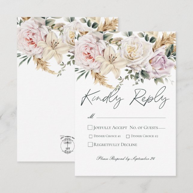 Cartão RSVP Boho Pampas e Rosas Rosa Casamento Branco (Frente/Verso)