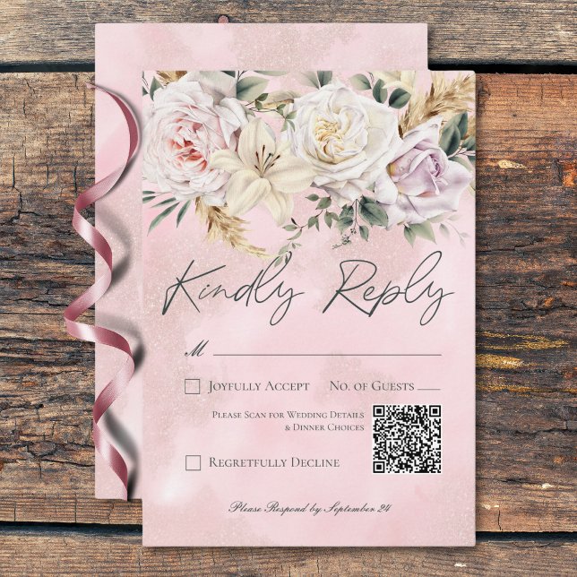 Cartão RSVP Boho Pampas e Rosas Rosa Casando Código QR (Boho Pampas & Pink Roses Wedding QR Code RSVP Card)