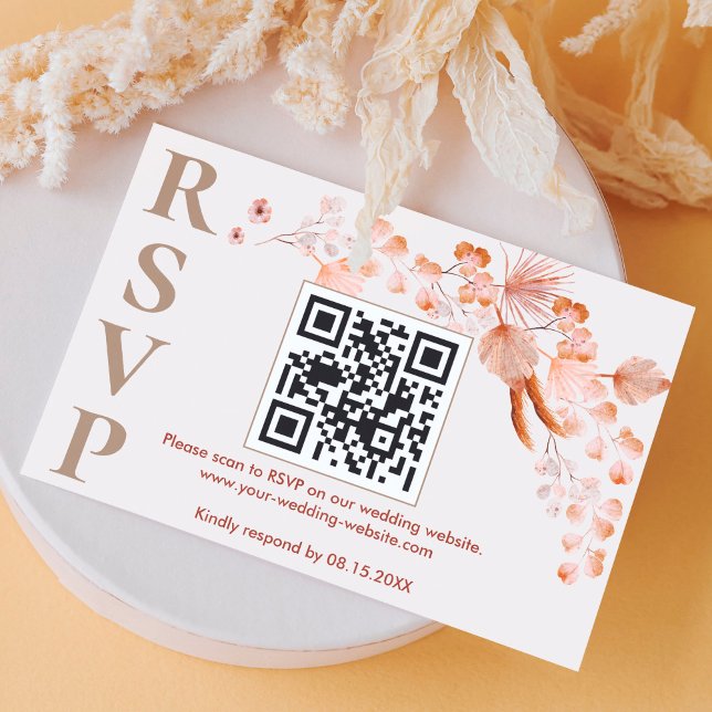 Cartão RSVP Boho Pampas Grass Casamento Online Código QR (Criador carregado)