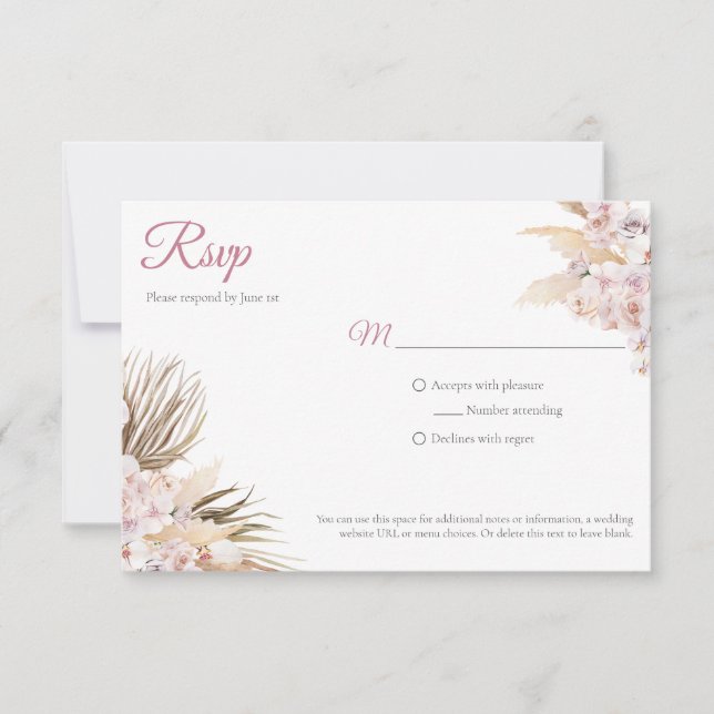 Cartão RSVP Boho Pampas Grass Rosa Casamento Seco De Blush Flo (Frente)