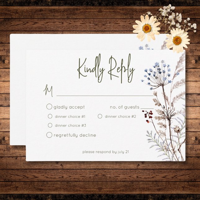 Cartão RSVP Boho Pastel Wildflower Modern Floral Três Janto (Boho Pastel Wildflowers Modern Floral Three Dinner RSVP Card)