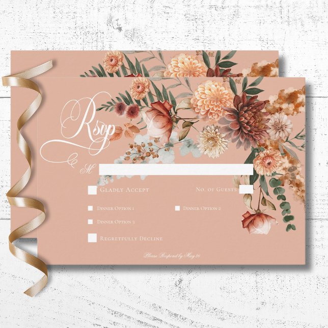 Cartão RSVP Boho Peach & Rust Floral Peach Blush Janto (Boho Peach & Rust Floral Peach Blush Dinner RSVP Card)