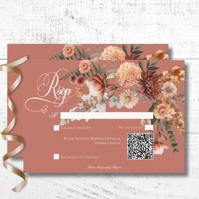 Cartão RSVP Boho Peach & Rust Floral Rust Código QR (Boho Peach & Rust Floral Rust Wedding Response Card with QR Code)