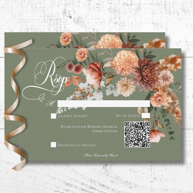 Cartão RSVP Boho Peach & Rust Floral Sage Green Code (Boho Peach & Rust Floral Sage Green QR Code RSVP Card)