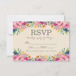 Cartão RSVP Boho Pink Blue Yellow Flowers Casamento