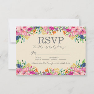 Cartão RSVP Boho Pink Blue Yellow Flowers Casamento