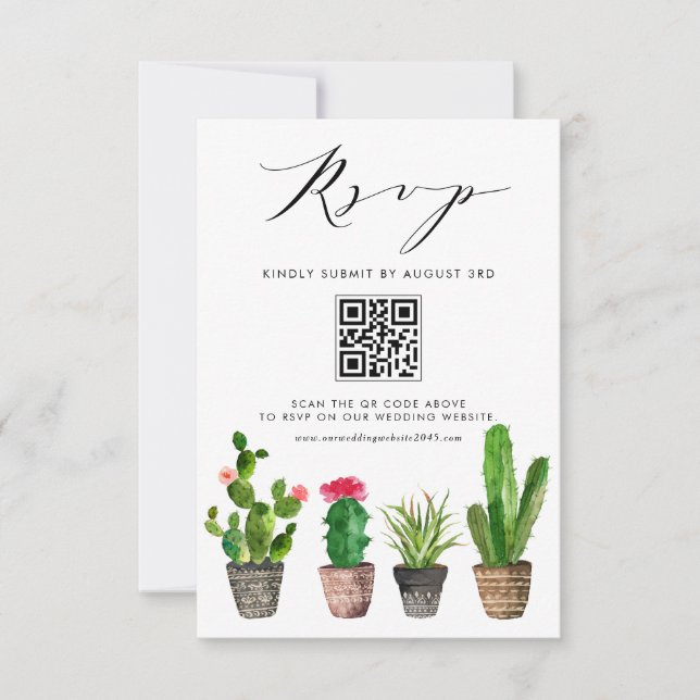 Cartão RSVP Boho Potted Succulents and Cactus Wedding Código Q (Frente)