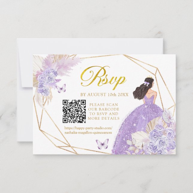 Cartão RSVP Boho Puro Borboleta Rapariga Quinceañera QR (Frente)