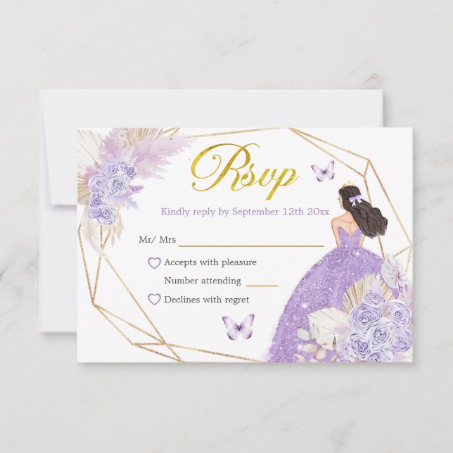 Cartão RSVP Boho Purple Butterfly Princesa Quinceañera (Frente)