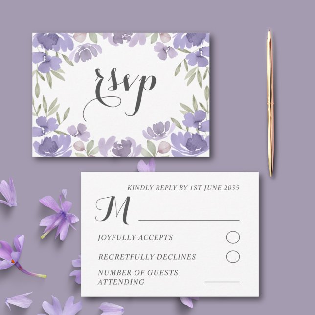 Cartão RSVP Boho Purple Watercolor Casamento Floral (Criador carregado)