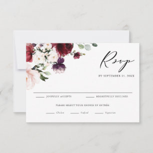 Cartão RSVP Boho Red e Purple Watercolor Flowers Casamento