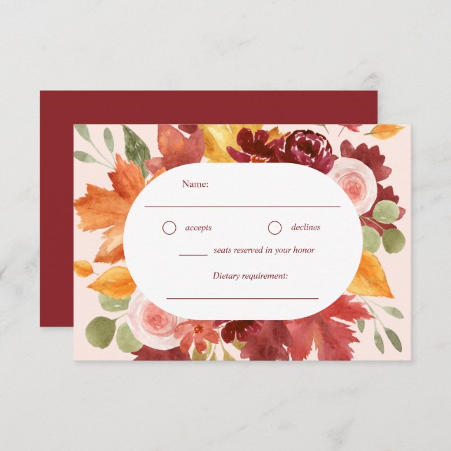 Cartão RSVP Boho Romântico Casamento outono Floral Burgundy (Frente/Verso)