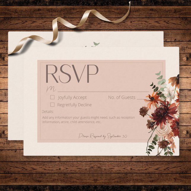 Cartão RSVP Boho Rust & Cream Floral de Outono Sem Jantar (Boho Rust & Cream Fall Floral No Dinner RSVP Card)