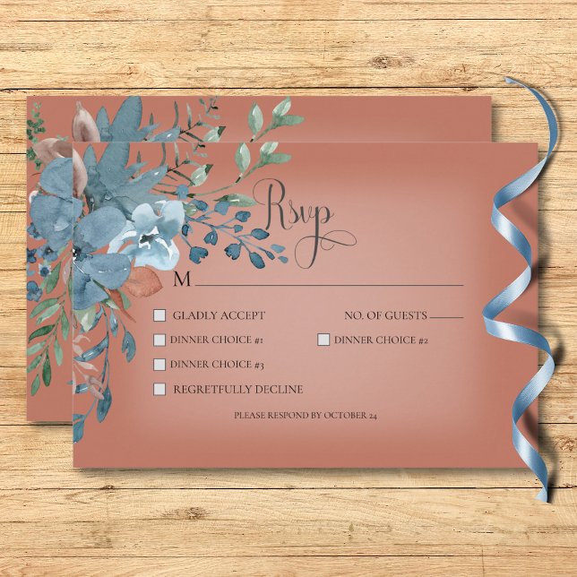 Cartão RSVP Boho Rust e Blue Floral Wedch Janto Rust (Boho Rust & Blue Floral Wedding Rust Dinner RSVP Card)