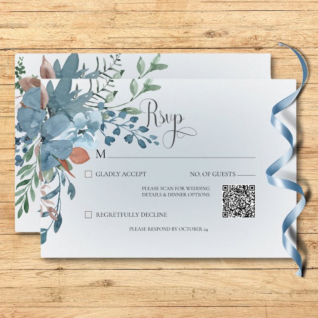Cartão RSVP Boho Rust e Blue Floral Wedch White Código QR (Boho Rust & Blue Floral Wedding White QR Code RSVP Card)